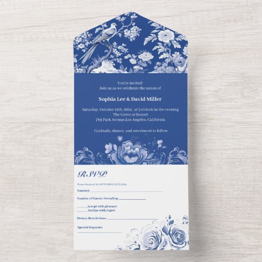 Antiek blauw en wit Chinoiserie bloemenbruiloft All In One Uitnodiging (Binnen)