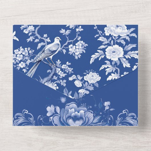 Antiek blauw en wit Chinoiserie bloemenbruiloft All In One Uitnodiging (Achterkant)