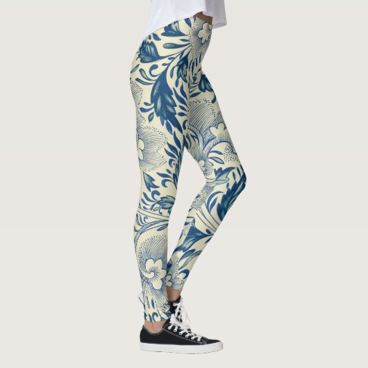 Antiek blauw en wit oosterse bloemenpatroon yoga leggings (Rechts)