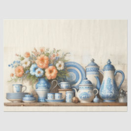 Antiek Blauw en Witte Servies Koffiepot op Plank Tissuepapier