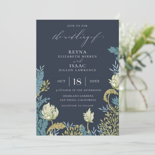 Antiek Blauw Engels Bloemen Huwelijk Kaart (Staand voorkant)