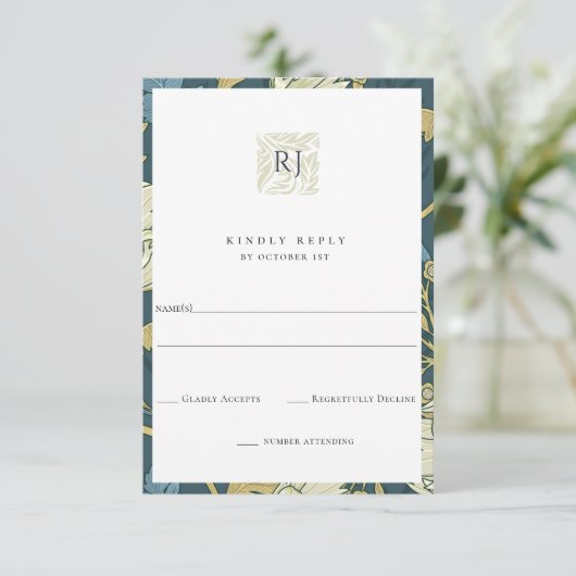 Antiek Blauw Engels Tuin Bruiloft RSVP Kaartje (Staand voorkant)