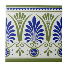 Antiek Blauw Groen Palmette Deco Border Tile Repro Tegeltje