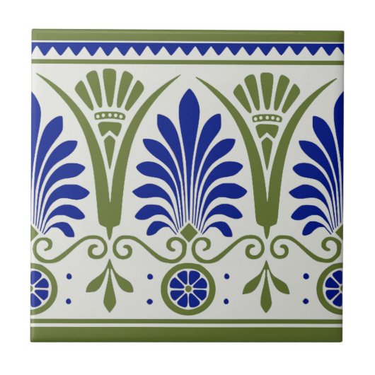 Antiek Blauw Groen Palmette Deco Border Tile Repro Tegeltje (Voorkant)