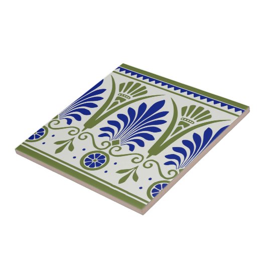 Antiek Blauw Groen Palmette Deco Border Tile Repro Tegeltje (Zijkant)