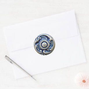 Antiek blauw namaargoud ronde bloem kunstpatroon sticker
