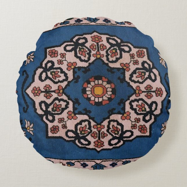 Antiek blauw Perzisch, Turks tapijtpatroon Rond Kussen (Voorkant)