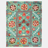 ANTIEK BLAUW ROOD WIT BLOEMIG OEZBEEKS BORDUURWERK FLEECE DEKEN (Voorkant)