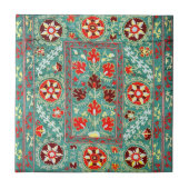 ANTIEK BLAUW ROOD WIT BLOEMIG OEZBEEKS BORDUURWERK TEGELTJE (Voorkant)