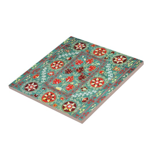 ANTIEK BLAUW ROOD WIT BLOEMIG OEZBEEKS BORDUURWERK TEGELTJE (Zijkant)