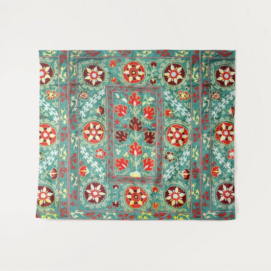 ANTIEK BLAUW ROOD WIT BLOEMIG OEZBEEKS BORDUURWERK WANDKLEED (Voorkant (horizontaal))