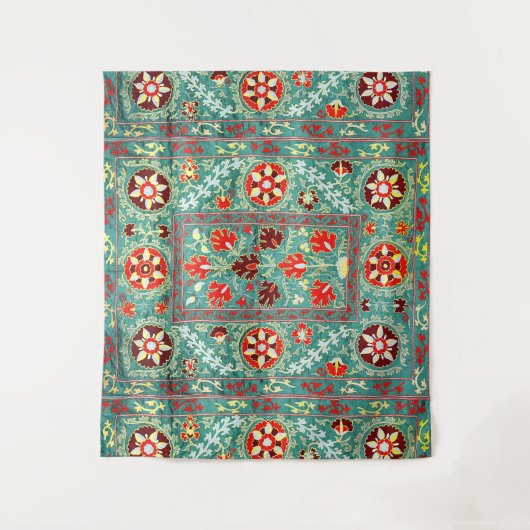 ANTIEK BLAUW ROOD WIT BLOEMIG OEZBEEKS BORDUURWERK WANDKLEED (Voorkant)