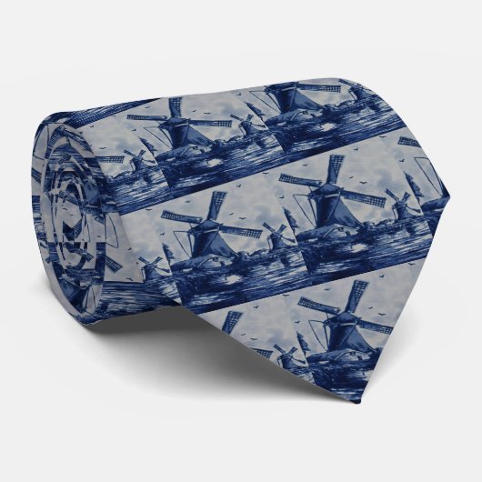 Antiek blauw tapijtschelp - Windmolens met water Stropdas (Opgerold)