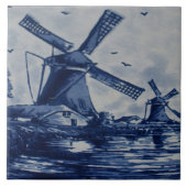 Antiek blauw tapijtschelp - Windmolens met water Tegeltje (Voorkant)