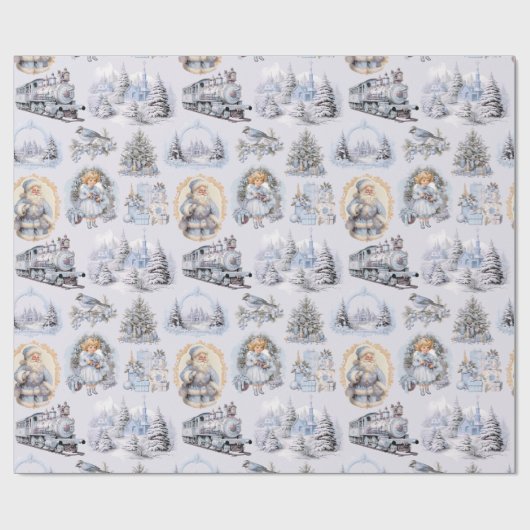 Antiek blauw Victoriaans kerstinpakpapier Cadeaupapier (Vlak)