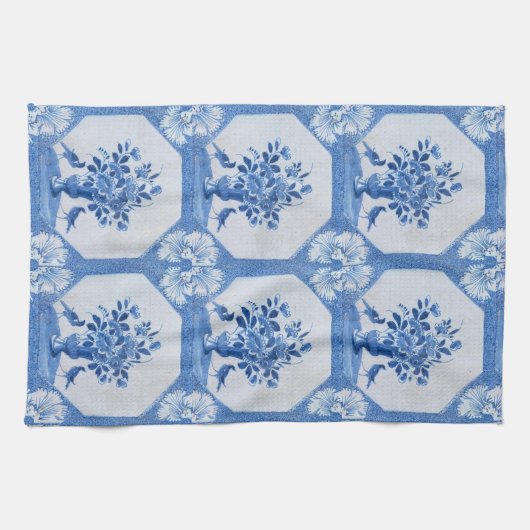 Antiek blauw vogelpluim Floral keukenhanddoeken (Horizontaal)