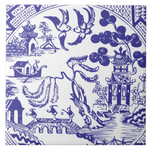 Antiek Blauw Wilgen China Patroon Vintage Tegeltje