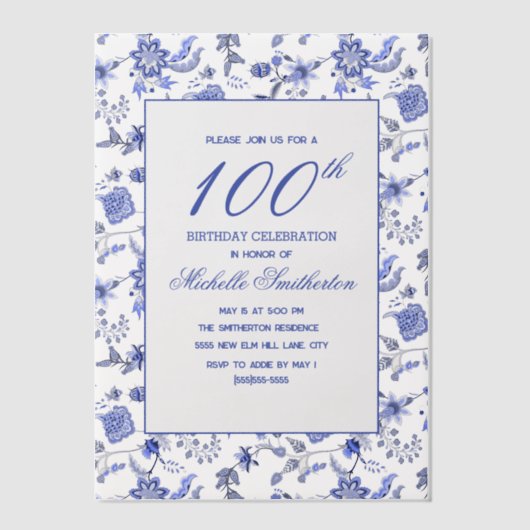 Antiek  Blauwe Bloemen 100ste Verjaardag Vellum Uitnodigingen (Voorkant)