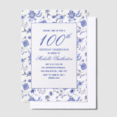 Antiek  Blauwe Bloemen 100ste Verjaardag Vellum Uitnodigingen (Offset)