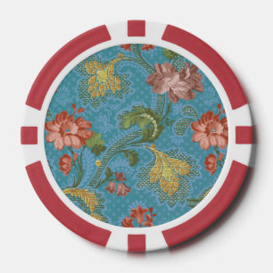 Antiek Blauwe Damast Bloem Goud Brokaat Ontwerp Poker Chips