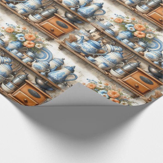 Antiek Blauwe en Witte Gerechten Cadeaupapier (Hoek)