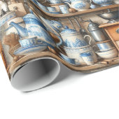 Antiek Blauwe en Witte Gerechten Cadeaupapier (Rol Hoek)