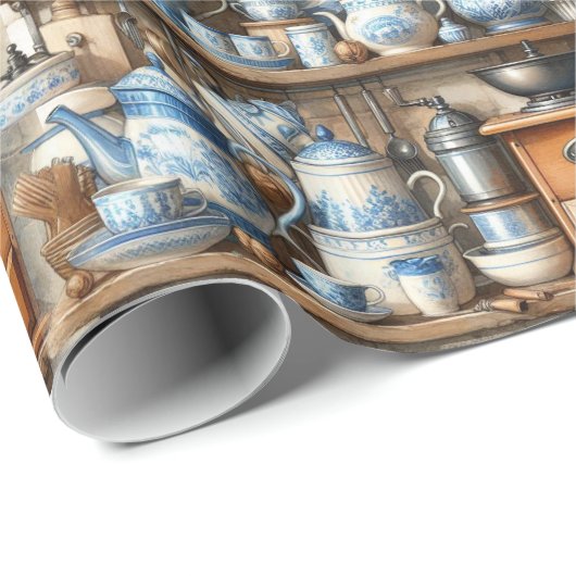 Antiek Blauwe en Witte Gerechten Cadeaupapier (Rol Hoek)