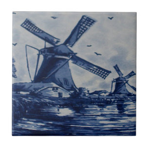Antiek blauwe Tegel - Windmolens door water Tegeltje
