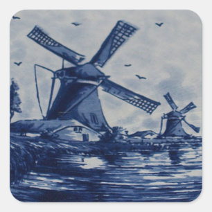 Antiek blauwe Tegel - Windmolens door water Vierkante Sticker