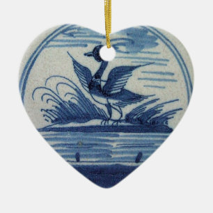 Antiek Blauwe Tile - Duck in Water Keramisch Ornament