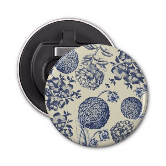 Antiek blauwe ventilator AfdrukFloral Button Flesopener (Voorkant)