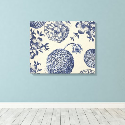 Antiek blauwe ventilator AfdrukFloral Canvas Afdruk (Insitu (Houten vloer))