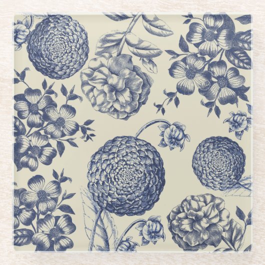 Antiek blauwe ventilator AfdrukFloral Glazen Onderzetter (Voorkant)