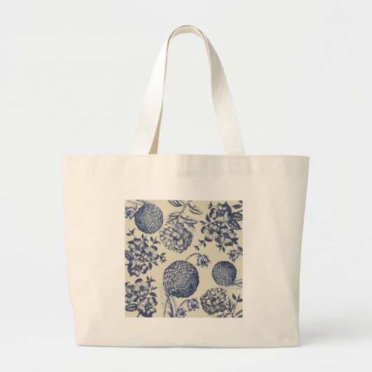 Antiek blauwe ventilator AfdrukFloral Grote Tote Bag (Voorkant)