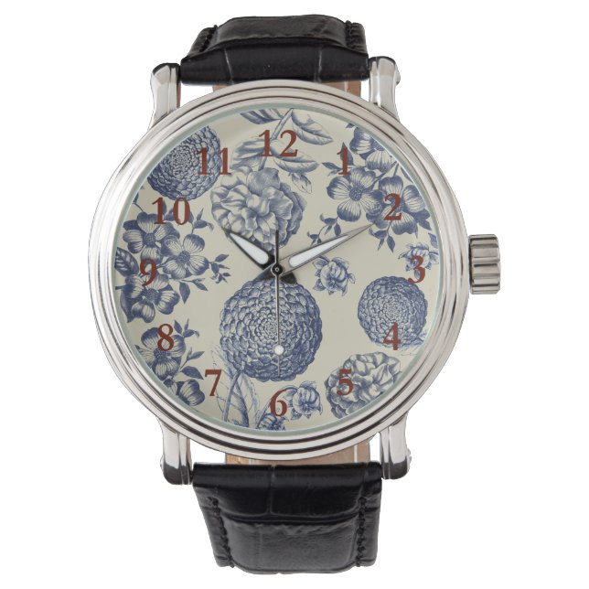 Antiek blauwe ventilator AfdrukFloral Horloge (Voorkant)