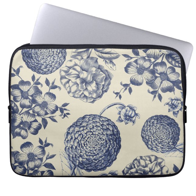 Antiek blauwe ventilator AfdrukFloral Laptop Sleeve (Voorkant)
