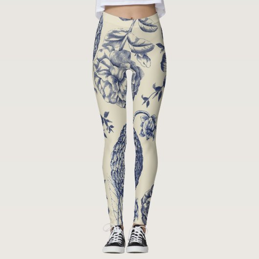 Antiek blauwe ventilator AfdrukFloral Leggings (Voorkant)
