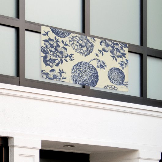 Antiek blauwe ventilator AfdrukFloral Spandoek (Buitenkant Gebouw)