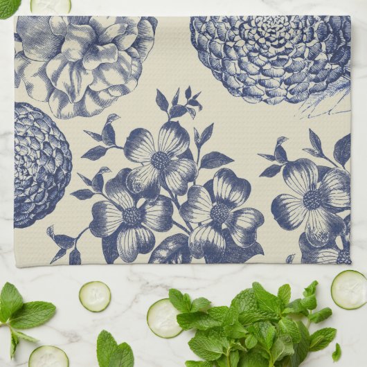 Antiek blauwe ventilator AfdrukFloral Theedoek (Gevouwen)