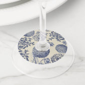 Antiek blauwe ventilator AfdrukFloral Wijnglaslabel (Dichtbij)