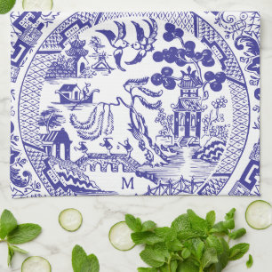 Antiek Blauwe Wilg China Patroon  Monogram Theedoek