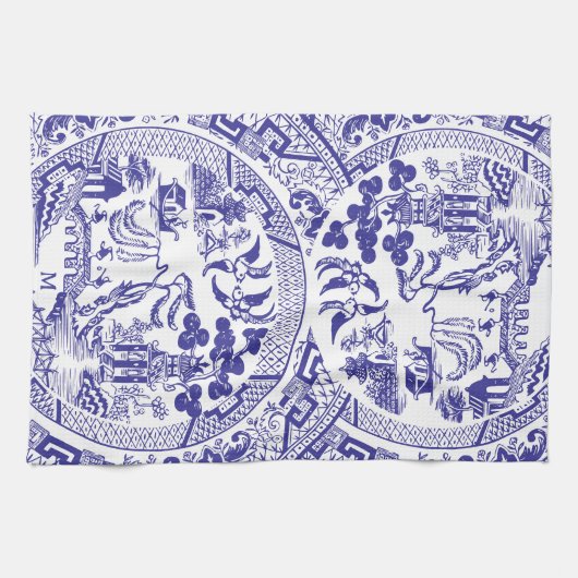 Antiek Blauwe Wilg China Patroon  Monogram Theedoek (Horizontaal)