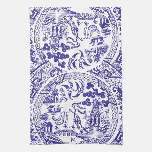 Antiek Blauwe Wilg China Patroon  Monogram Theedoek (Verticaal)
