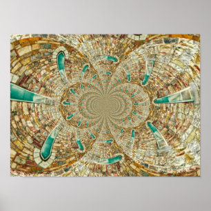 Antiek Blauwgroen, bruine Abstracte Kerk Windows Poster