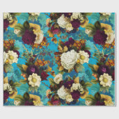 antiek bloembouquets met rozen op blauw patroon cadeaupapier (Vlak)