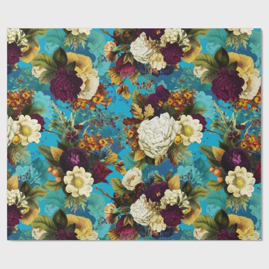 antiek bloembouquets met rozen op blauw patroon cadeaupapier (Vlak)