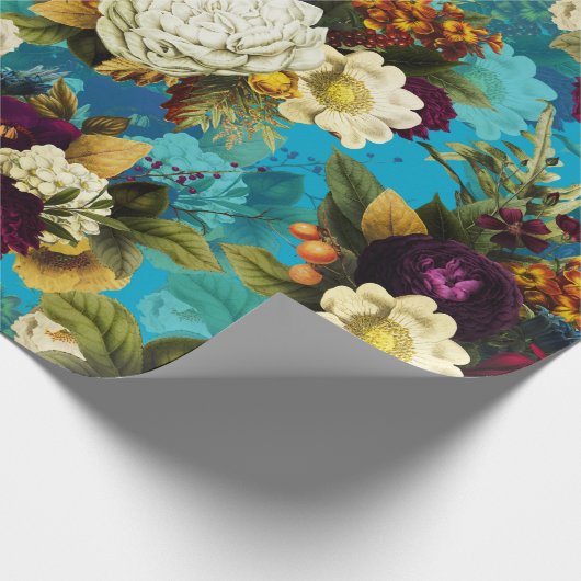 antiek bloembouquets met rozen op blauw patroon cadeaupapier (Hoek)