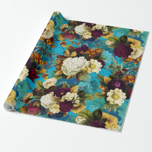 antiek bloembouquets met rozen op blauw patroon cadeaupapier