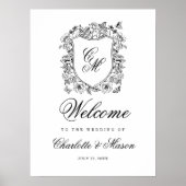 Antiek bloemcrest bruiloftsmonogram welkom poster (Voorkant)