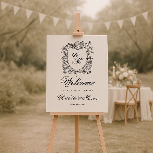 Antiek bloemcrest bruiloftsmonogram welkom poster